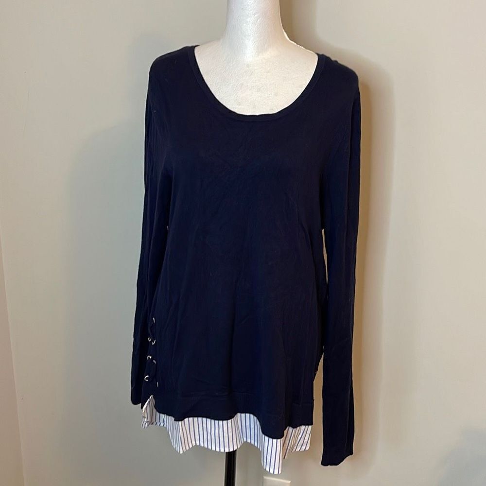 Calvin Klein Long Pullover Sweater. Size Medium. Navy w/shirt trim.